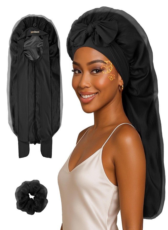 YANIBEST Silk Bonnet for Sleeping Women Satin Lined Braid Bonnet with Breathable Tie Band for Curly Hair Black - Image 1